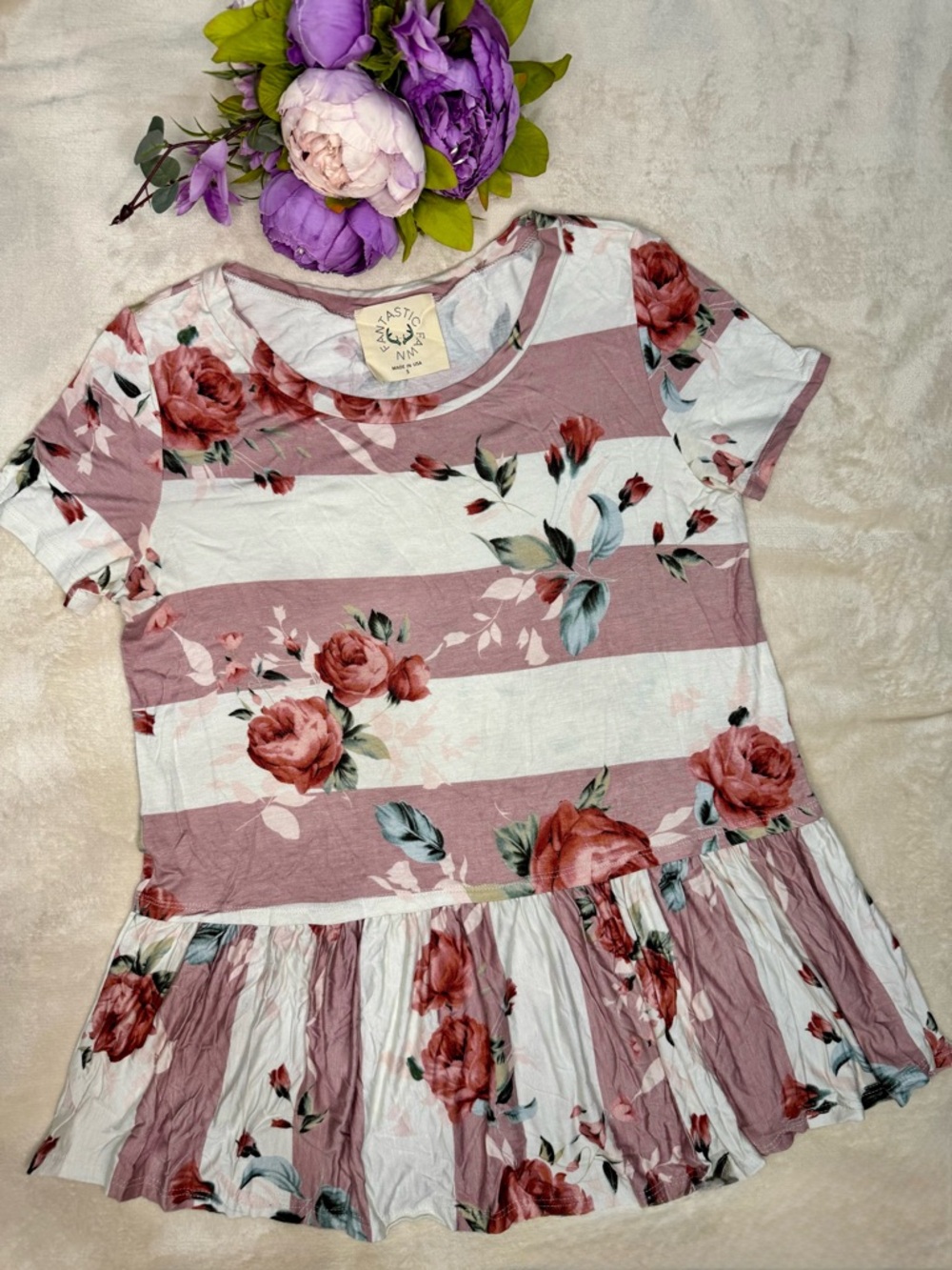 Boutique Striped and Floral Print Drop Waist Top